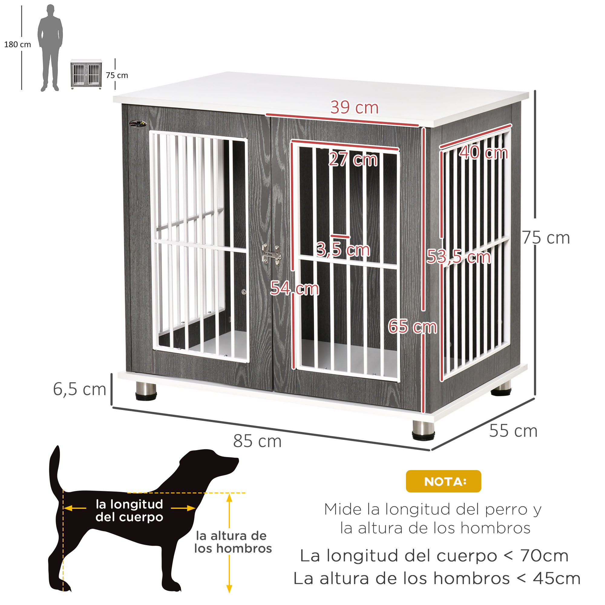 Mesa lateral para gaiola de cachorro PawHut em madeira, 85x55x75 cm, com prateleira de armazenamento, 2 portas com fechadura e grades de aço, móvel para canil interno, cinza.