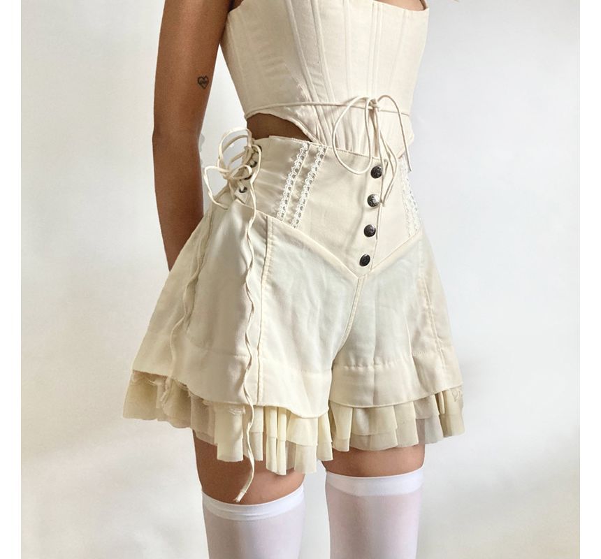 PolkaBella - Hoge taille, effen korte broek met ruches