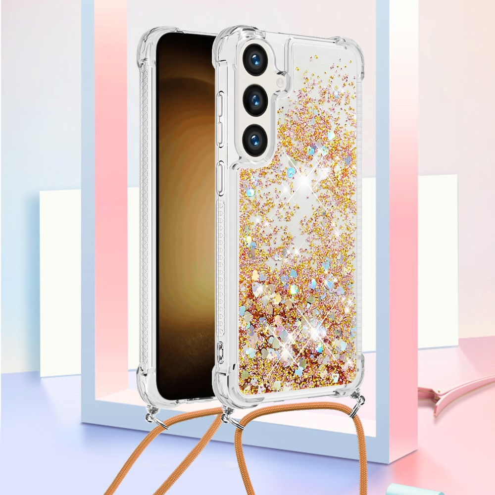 Samsung Galaxy S24 Necklace Gummi Hülle Liquid Glitzer   Handykette (130cm) - Braun / Gold