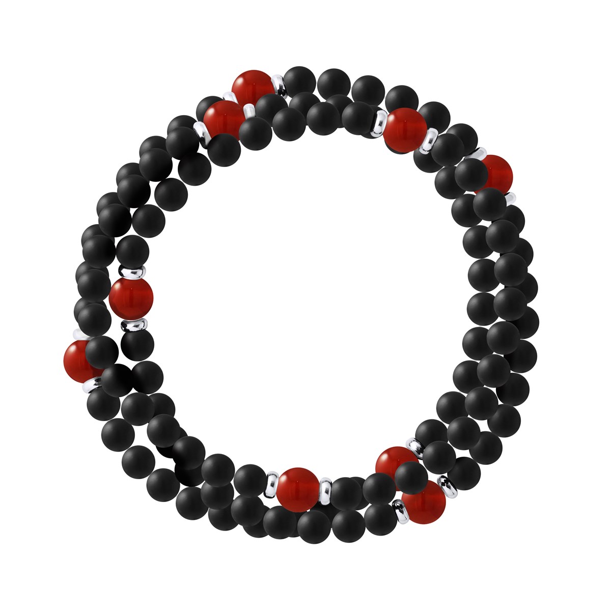 Bracelet Triple Rang SHAMAN, Cornaline Rouge , Agate Noire Matte , Argent 925