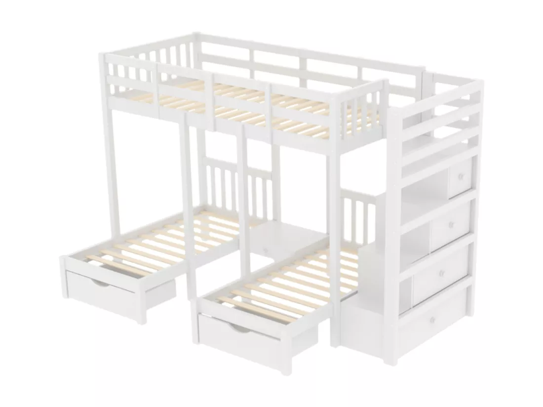 Lits superposés triples 90 x 200 cm + 2 x 70 x 140 cm avec 5 tiroirs, table de chevet et escalier - Bois massif et MDF - Blanc