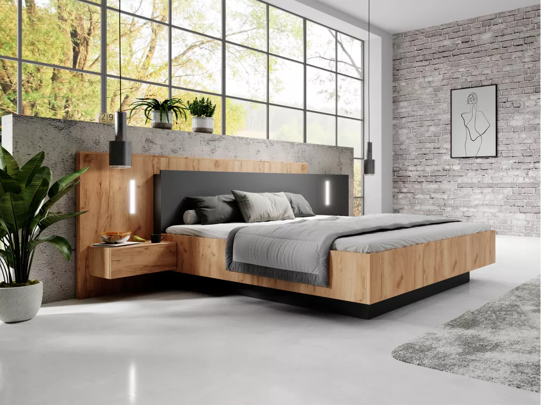 Lit avec chevets 160 x 200 cm - 2 tiroirs - Avec LEDs - Coloris : Naturel et anthracite + Sommier + Matelas - FRANCOLI
