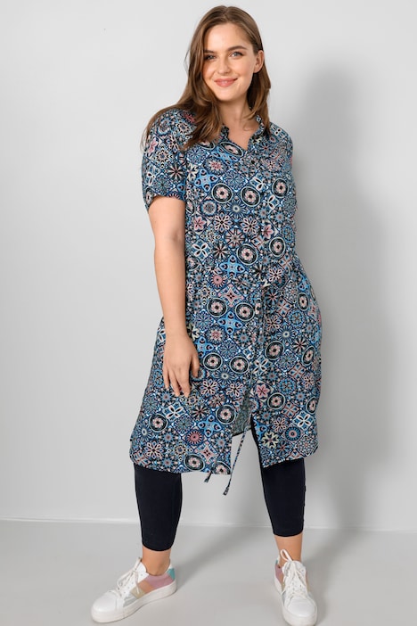 Midikleid, Alloverdruck, Hemdkragen, Knopfleiste, Bindegürtel, Halbarm