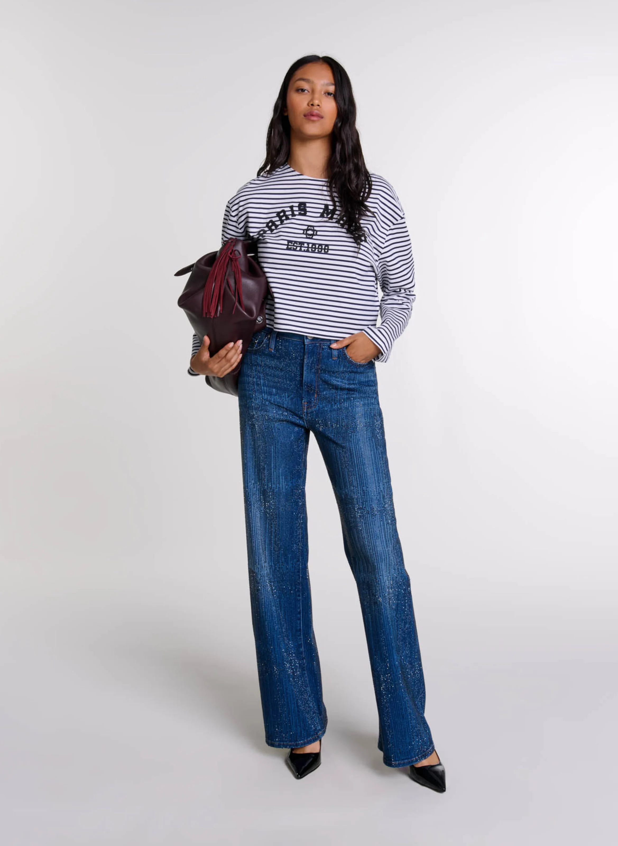 Tee-shirt col rond droit en coton rayé | Bleu