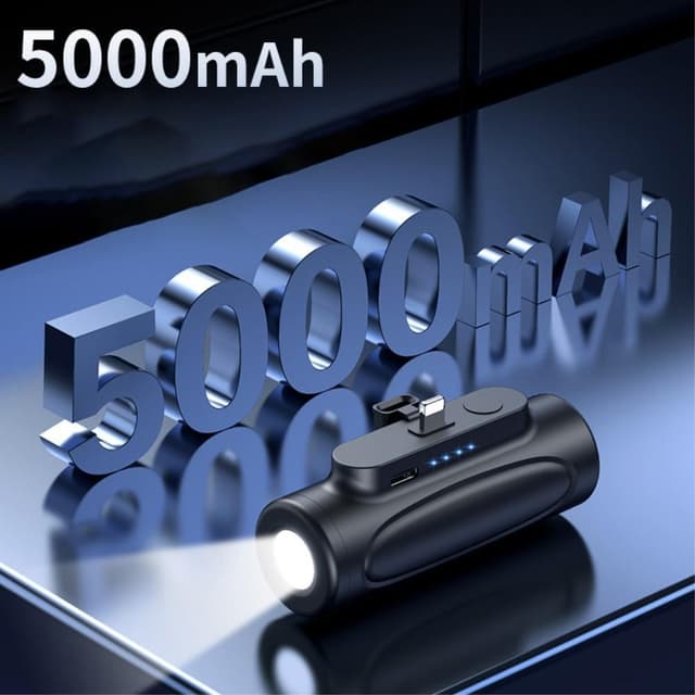 5000mAh bærbar telefonoplader USB-C med lommelygte