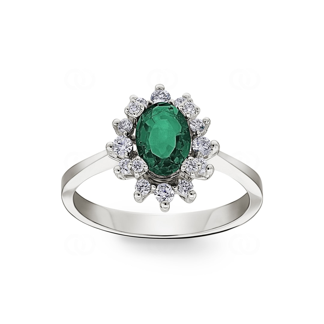 Damenring 750/18 K Weissgold mit Diamanten 0.22 ct H/si & Smaragd 0.62 ct