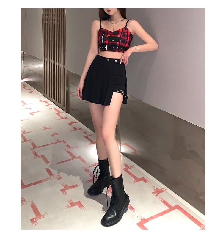 RONIN - Geruite crop top met riem / Hoge taille, effen geplooide nep-tweedelige mini-A-lijn skort
