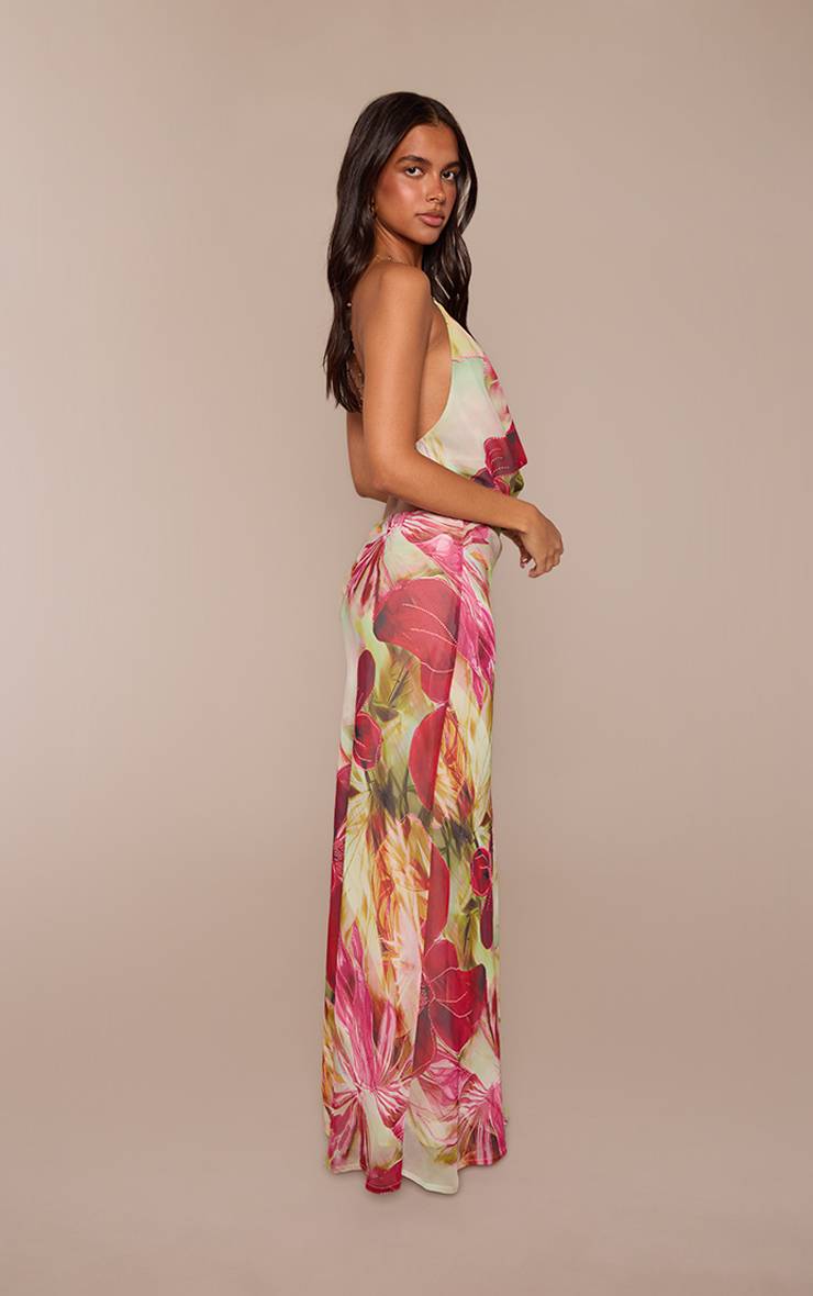 Vert Robe Longue Dos Nu En Mousseline À Imprimé Floral Avec Perles