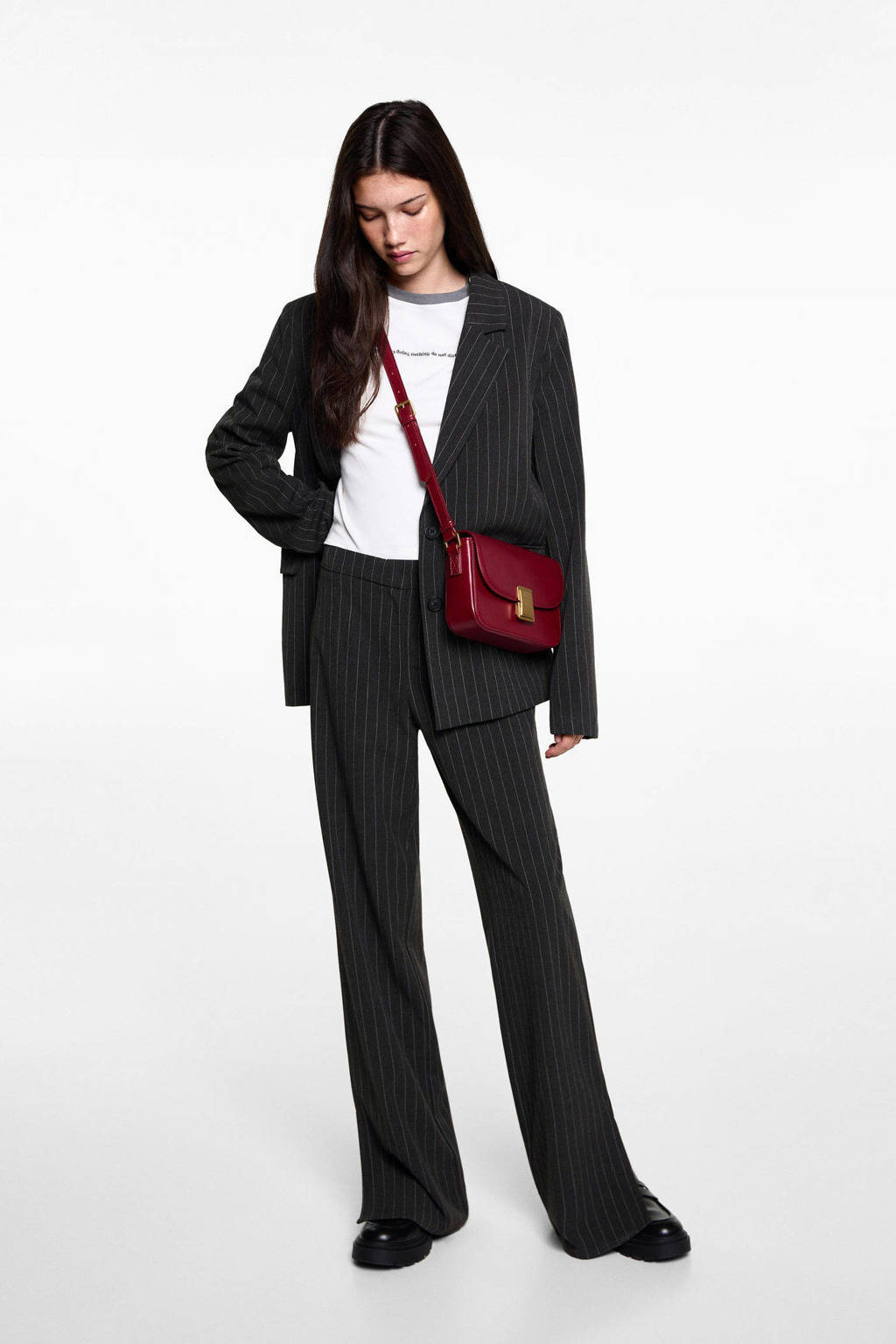 MANGO TEEN wide leg broek met krijtstreep donkergrijs