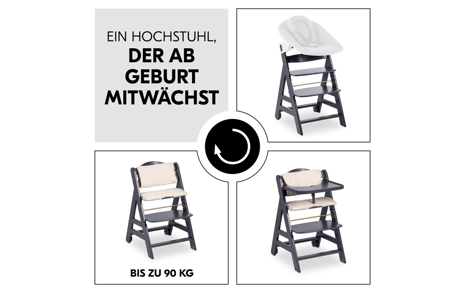 Treppenhochstuhl Beta+ Dark Grey<br>Kippsicheres und mitwachsendes Holzhochstuhlset