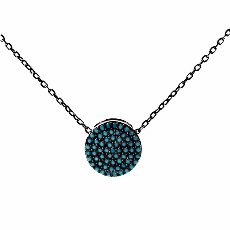 Collier Médaillon Noir Forme Ronde Couleur Turquoise