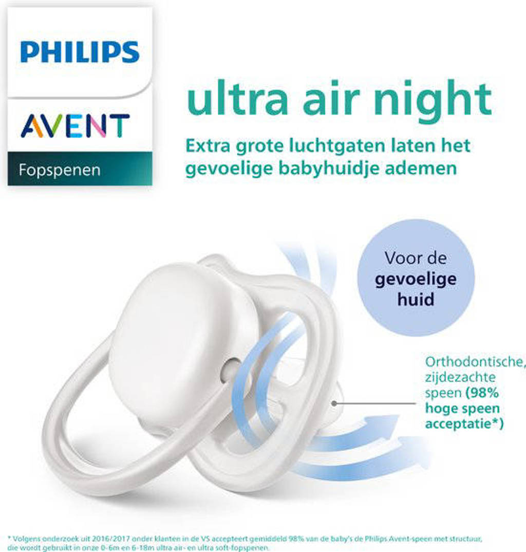 Schattige spenen met glow in the darkfopspeen 18M+ 2 stuks SCF376/23