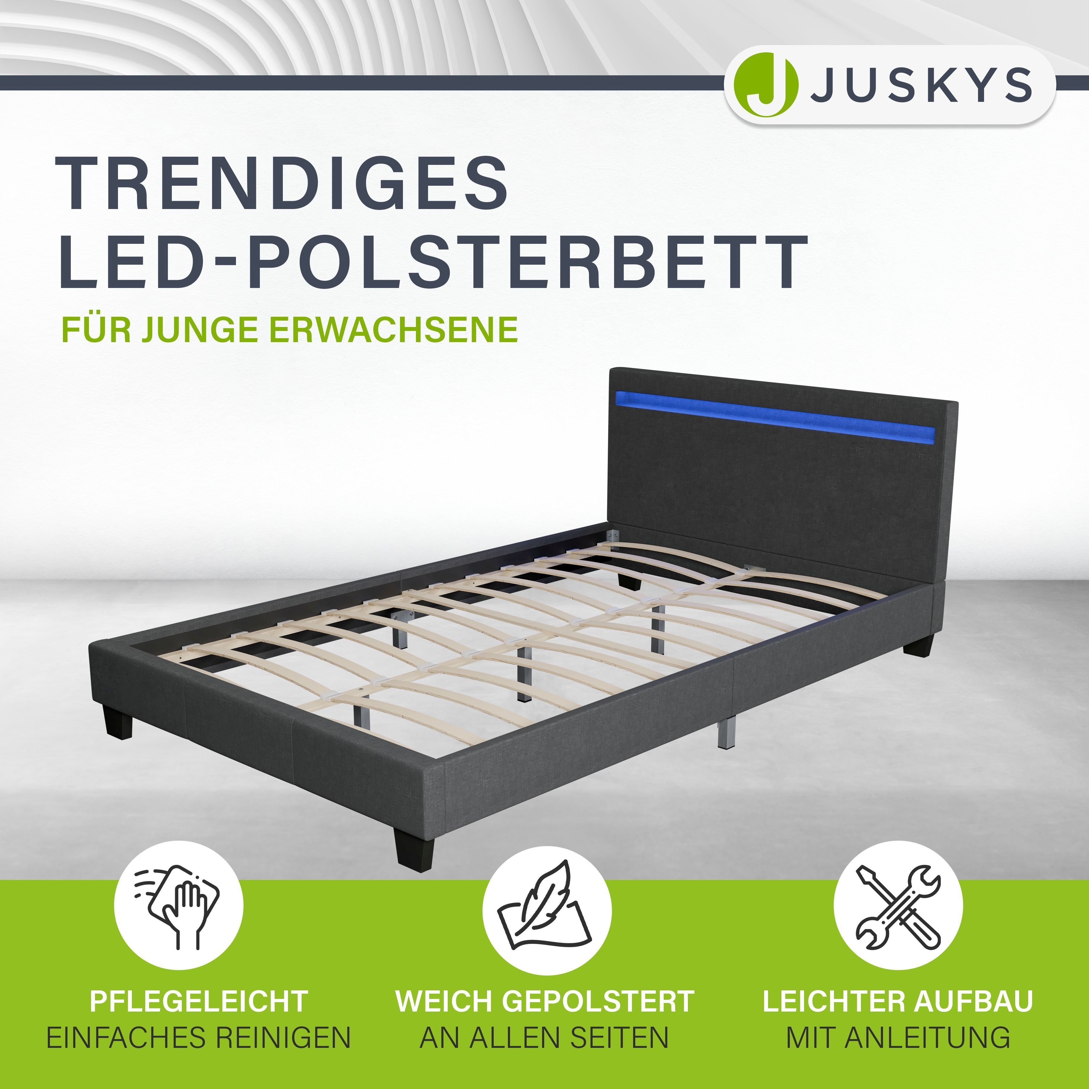 Juskys Polsterbett Verona grau | 120×200 cm | Bettgestell LED-Beleuchtung, Lattenrost & Matratze