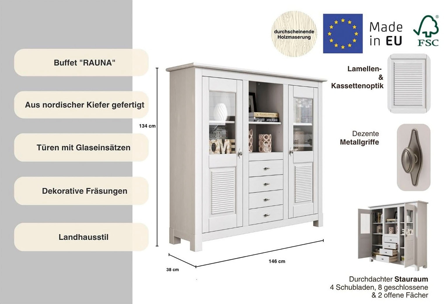Home affaire Buffet »Rauna« Highboard, massive Kiefer, Türen mit Glaseinsätzen, B/H 146/134 cm