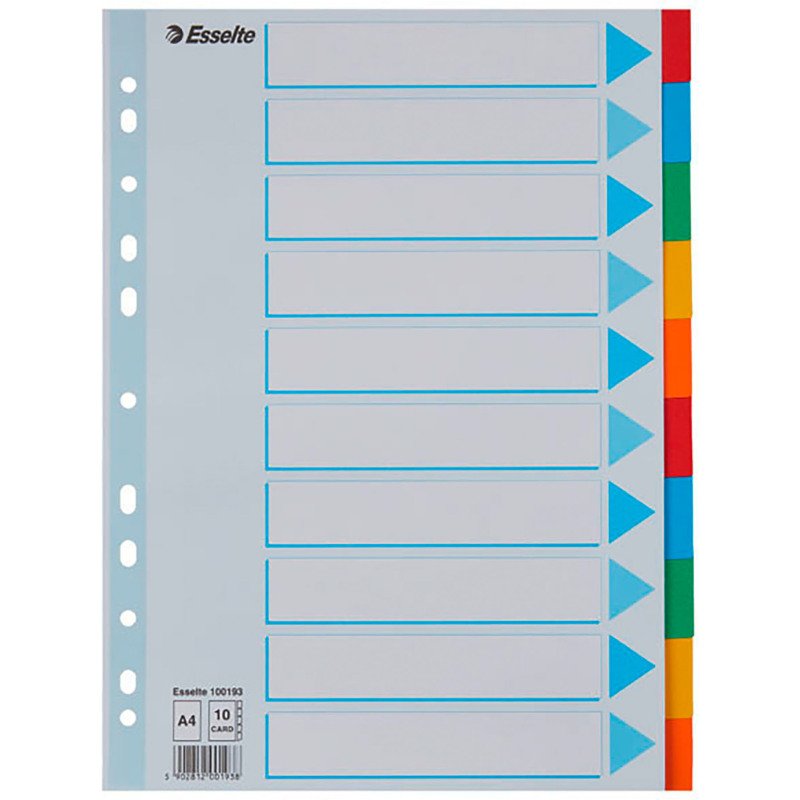 Intercalaire A4 carte lustrée Esselte 10 onglets neutres multicolores - 1 jeu