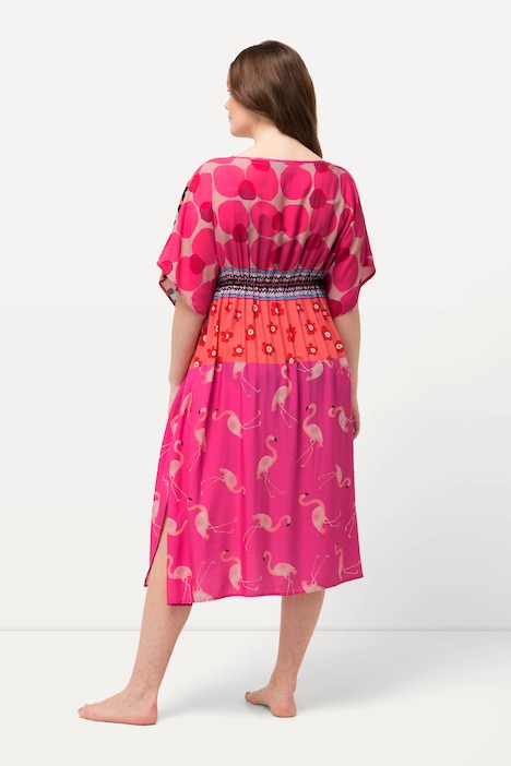 Kaftan, Flamingos, Bindeband, V-Ausschnitt, Halbarm