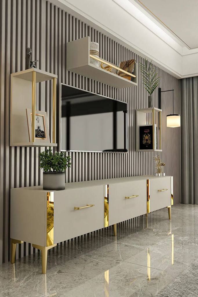 Givayo Möbel Laura Sandbeige Gold TV-Schrank mit 3 Regalen Fernsehtisc