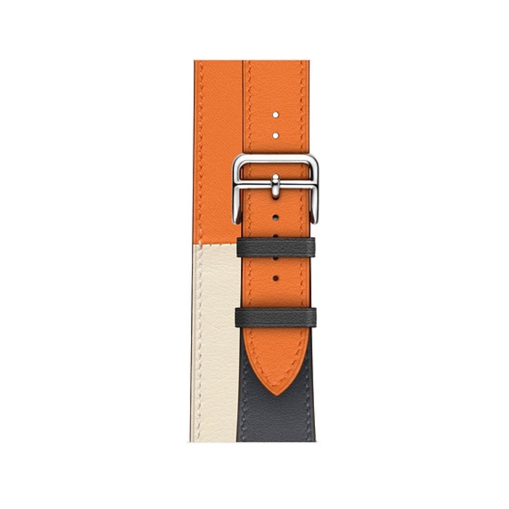 Apple Watch (42/41/40/38 mm) Modisches Ersatz Echtleder Doppelband Armband (One Size) - Orange / Blau / Weiss