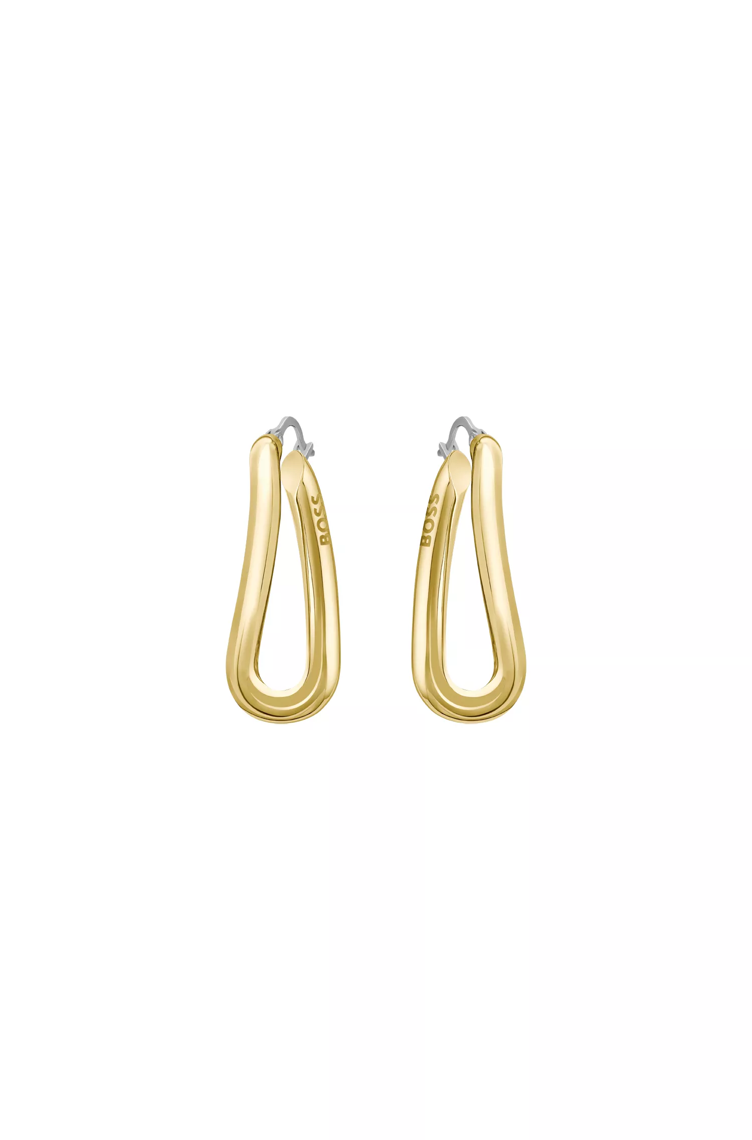 Brincos BOSS em tons de preto e dourado com elos tubulares torcidos.