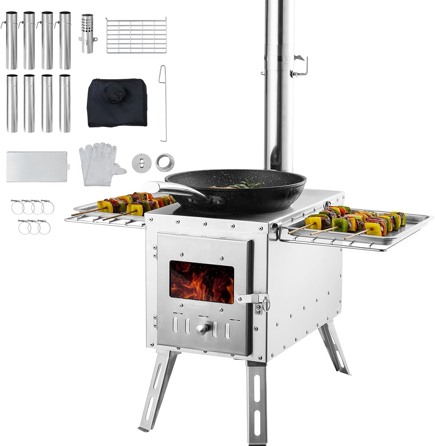 VEVOR Holzofen, 590 x 790 x 2620 m, Zeltofen aus Edelstahl, tragbarer Holzofen mit Kaminrohren und Handschuhen, 1646 Kubikzoll großer Feuerraum-Zeltofen zum Kochen und Heizen im Freien mit 8 Rohren