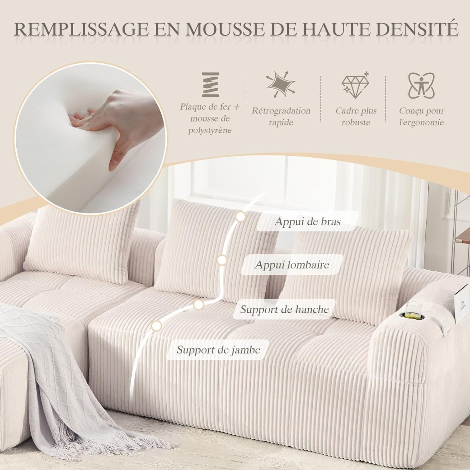 Canapé en Velours côtelé Moderne avec 3 Coussins, 2 Poches latérales, Canapé de Loisirs Modular 4 Places avec 2 Porte-gobelet, Canapé d'angle pour Salon, Bureau (Beige) FE3519670