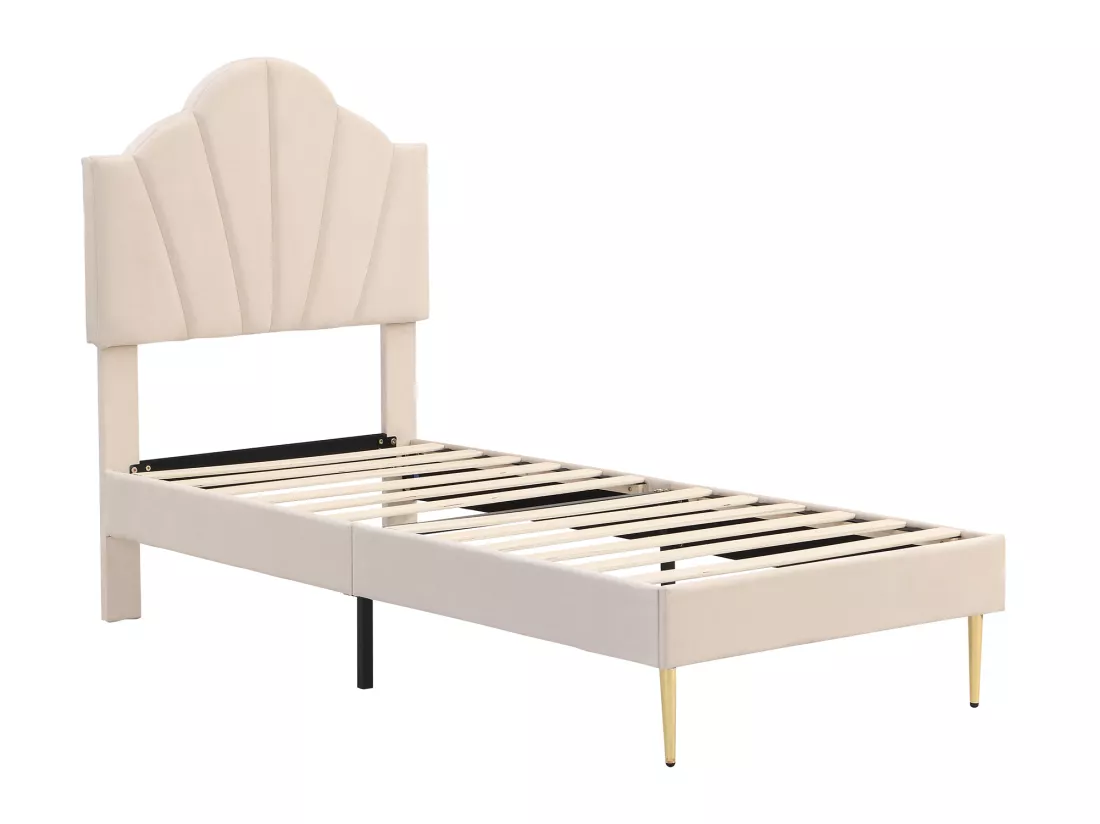 Lit 90x200cm en velours - tête de lit en forme de coquille - Beige
