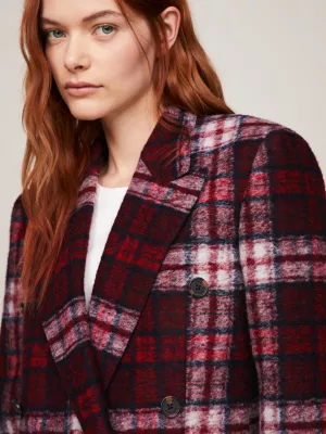 Blazer de corte reto com estampa xadrez tartan, unissex e abotoamento duplo.