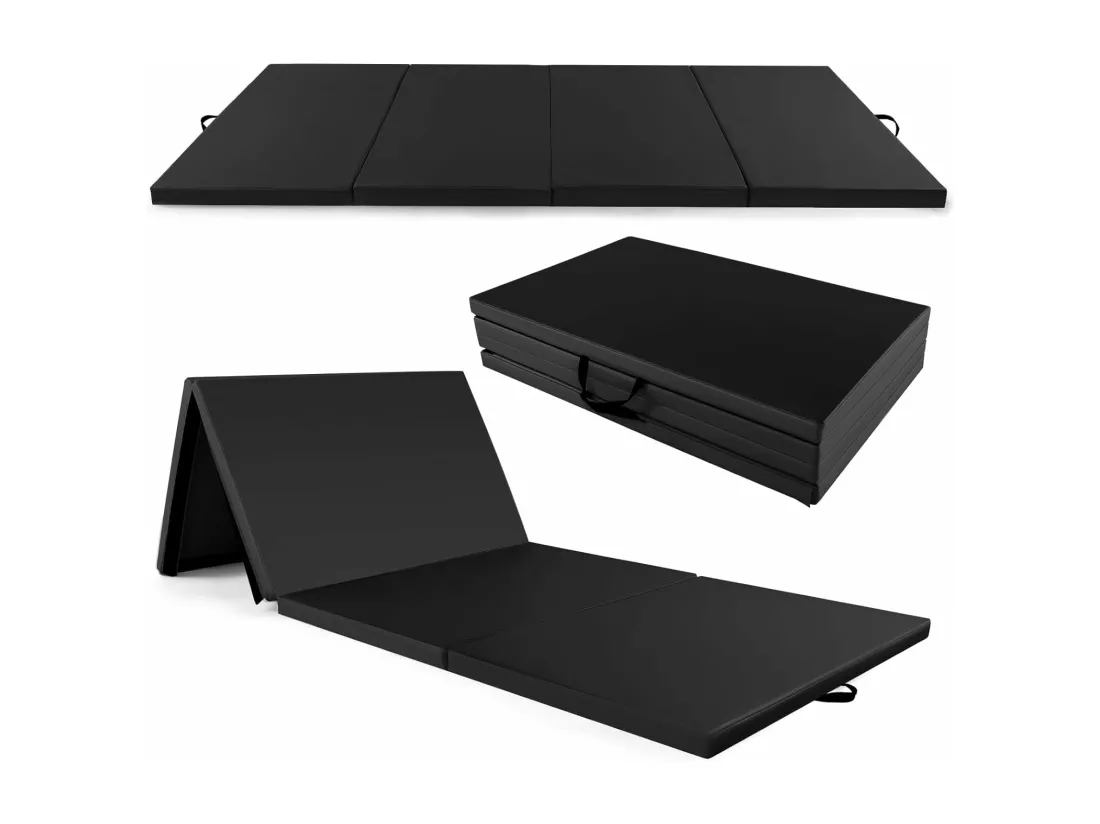 Tapis de Gymnastique Pliable à 4 Plis Epais, Matelas d'Entrainement en Mousse et PU avec Poignées Attaches Auto-agrippantes, pour Gymnastes Entraînements Yoga 300x117x5CM, Noir