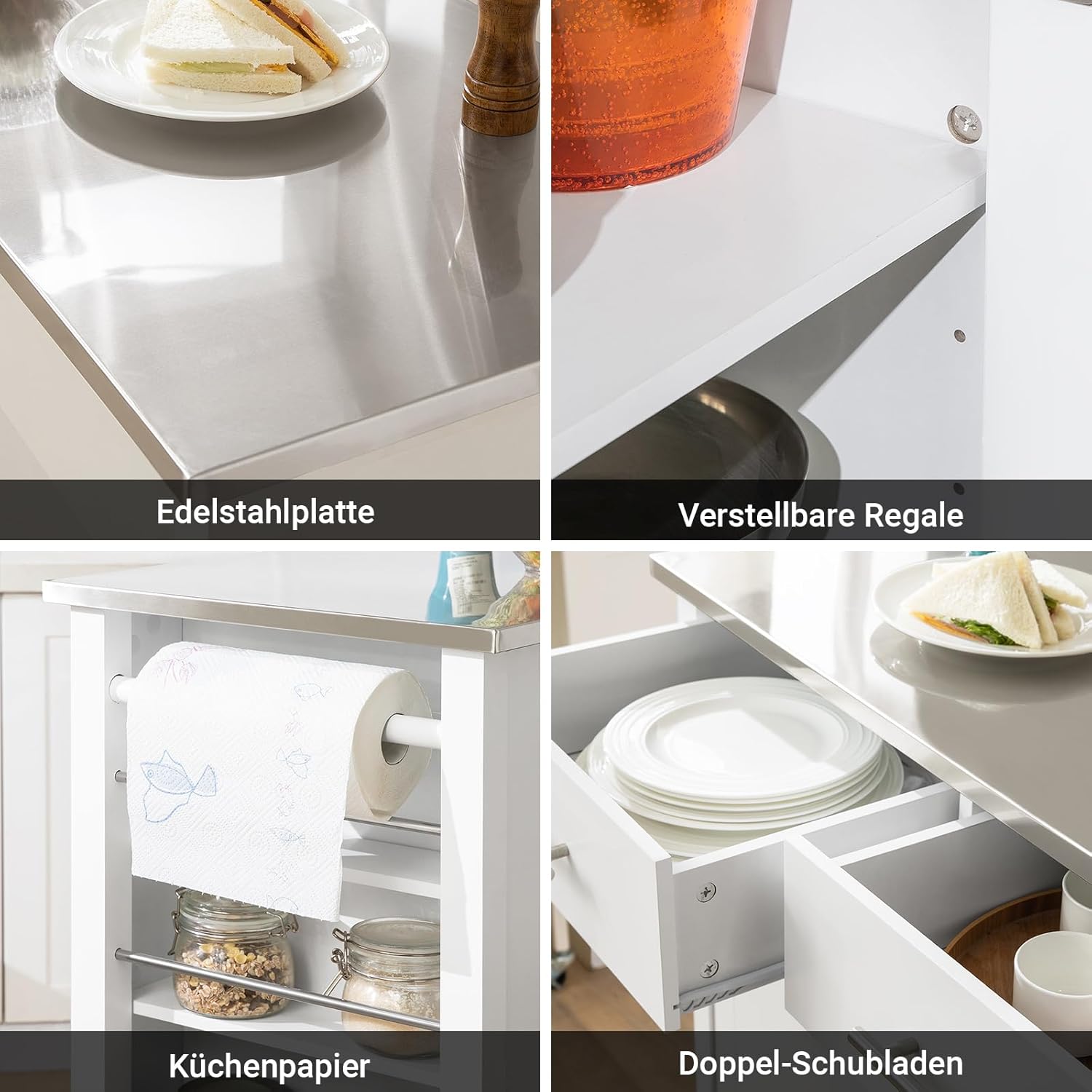 SoBuy Küchenwagen mit Edelstahlplatte Rollwagen mit Seitenregal, Sideboard, Kücheninsel, Küchenschrank & Servierwagen auf Rollen, Mobiler Trolley für Küchenorganisation Weiß, 107x94x46 cm FKW108-W