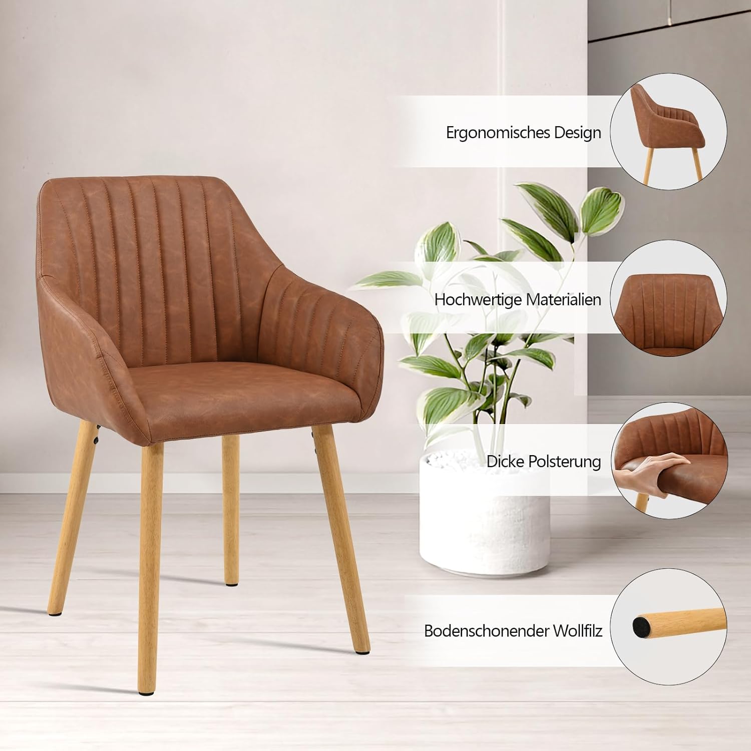 6er Set Esszimmerstühle Kunstleder Braun mit Armlehne Küchenstuhl Polsterstuhl Stühle Esszimmer mit Gepolstertem Sitz und Holzbeine für Wohnzimmer