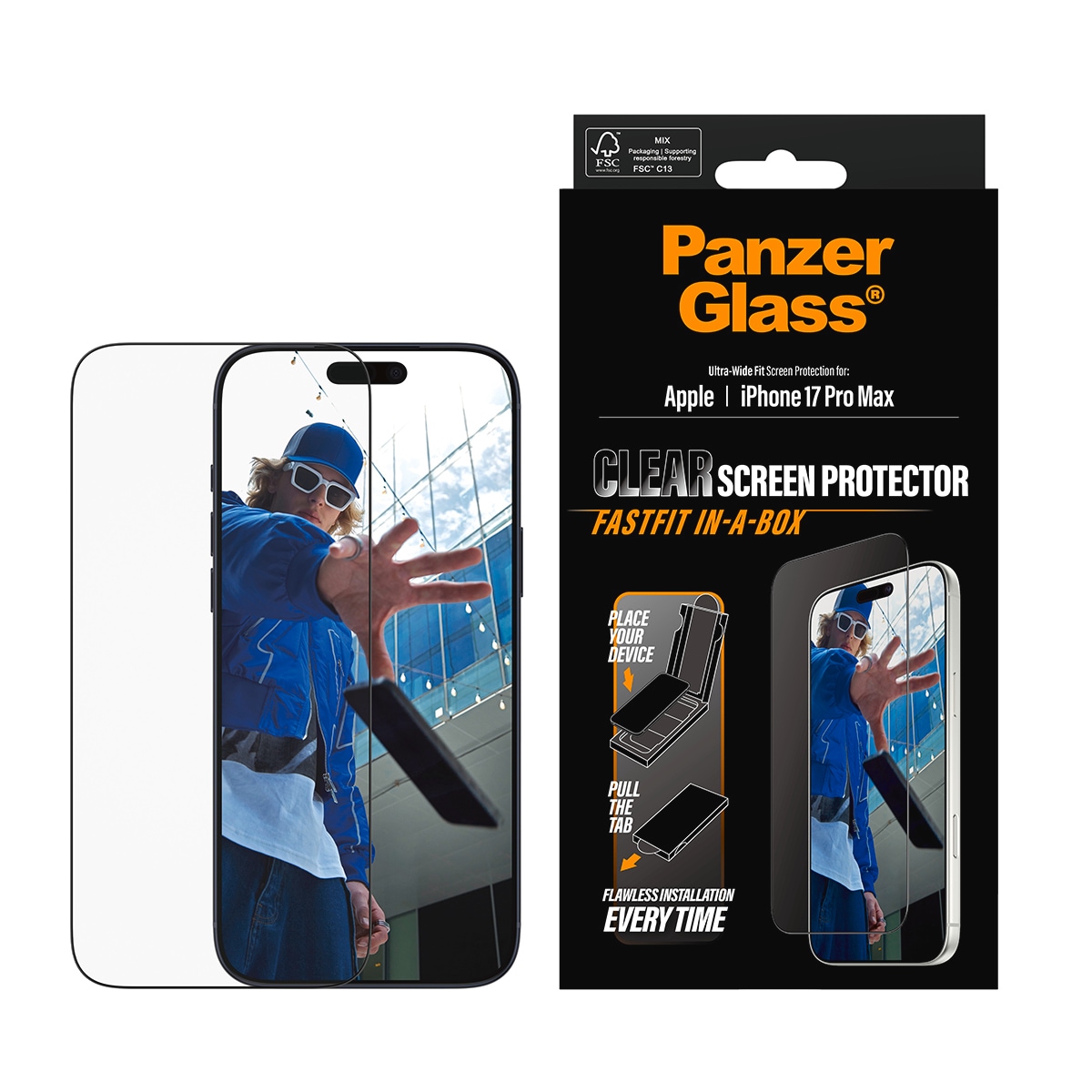 CARE by PanzerGlass Displayschutzglas »Ultra-Wide Fit Screen Protector FASTFIT IN-A-BOX« für Apple iPhone 17 Pro Max Displayschutzfolie, Schutzfolie, Bildschirmschutz, kratz- & stossfest