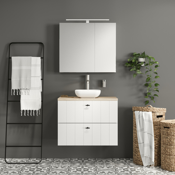 Tiger Maryport Badkamermeubelset 80 cm Mat wit met licht eiken wasblad, keramische opzetkom en matzwarte grepen