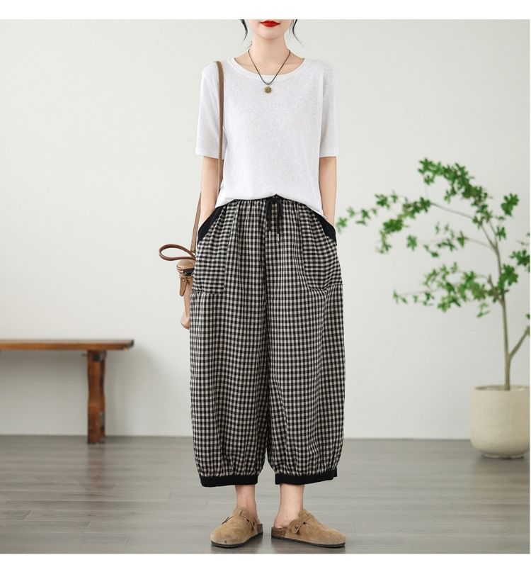 Lewwe - Geruite cropped harembroek met trekkoordtaille