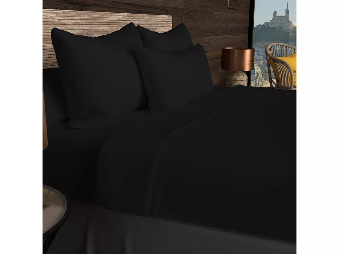 Drap plat en coton 57 fils 260x300 cm UNI noir, par Soleil d'Ocre