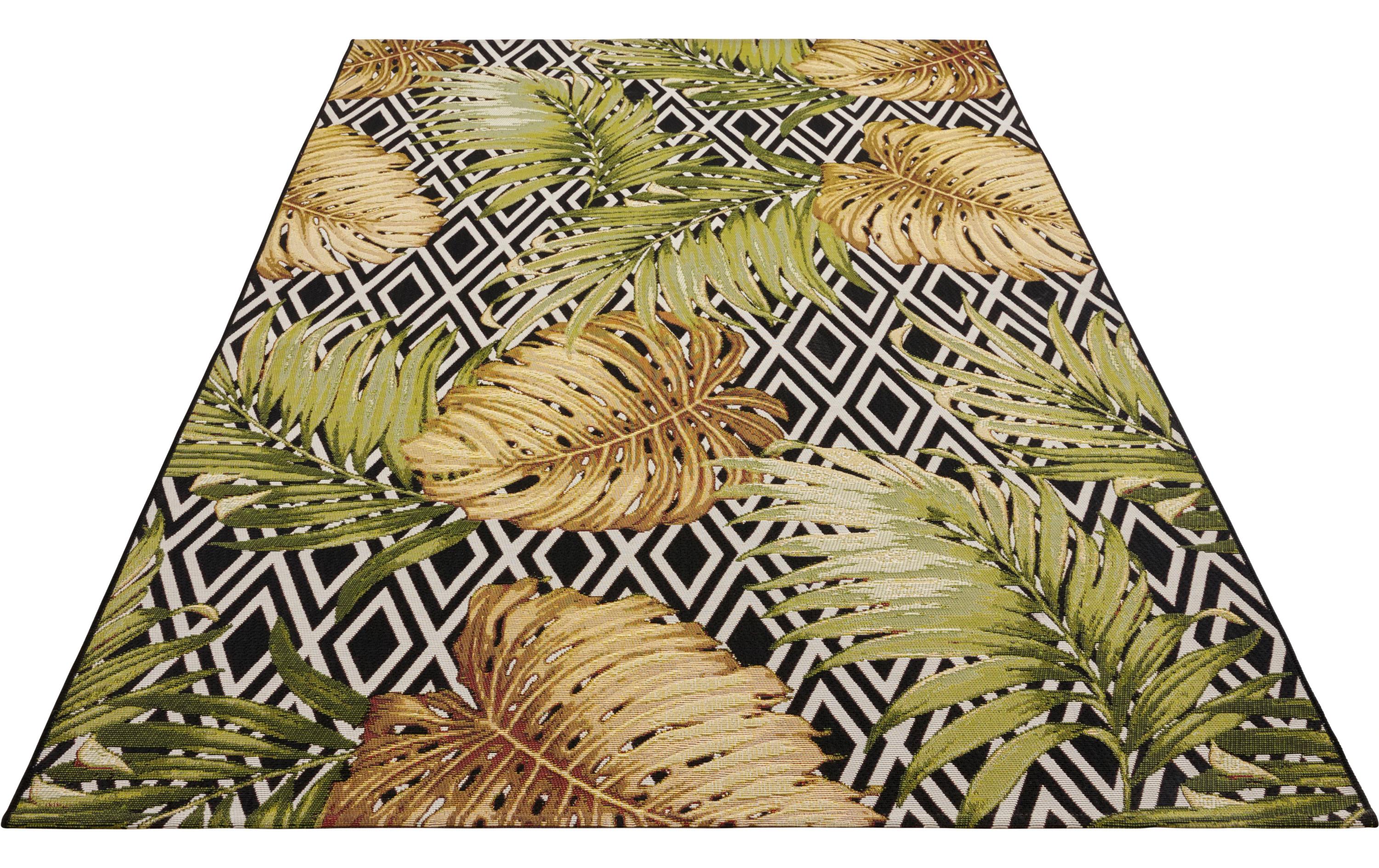 Teppich Diamonds and Leaves 80 cm x 165 cm, MehrfarbigIn- & Outdoor Teppich, Flachegwebeteppich im Tropischen Rauten & Palmen Design, Wetterfest & Wasserfester Aussenteppich für Terrasse, Balkon, Garten Wohnzimmer