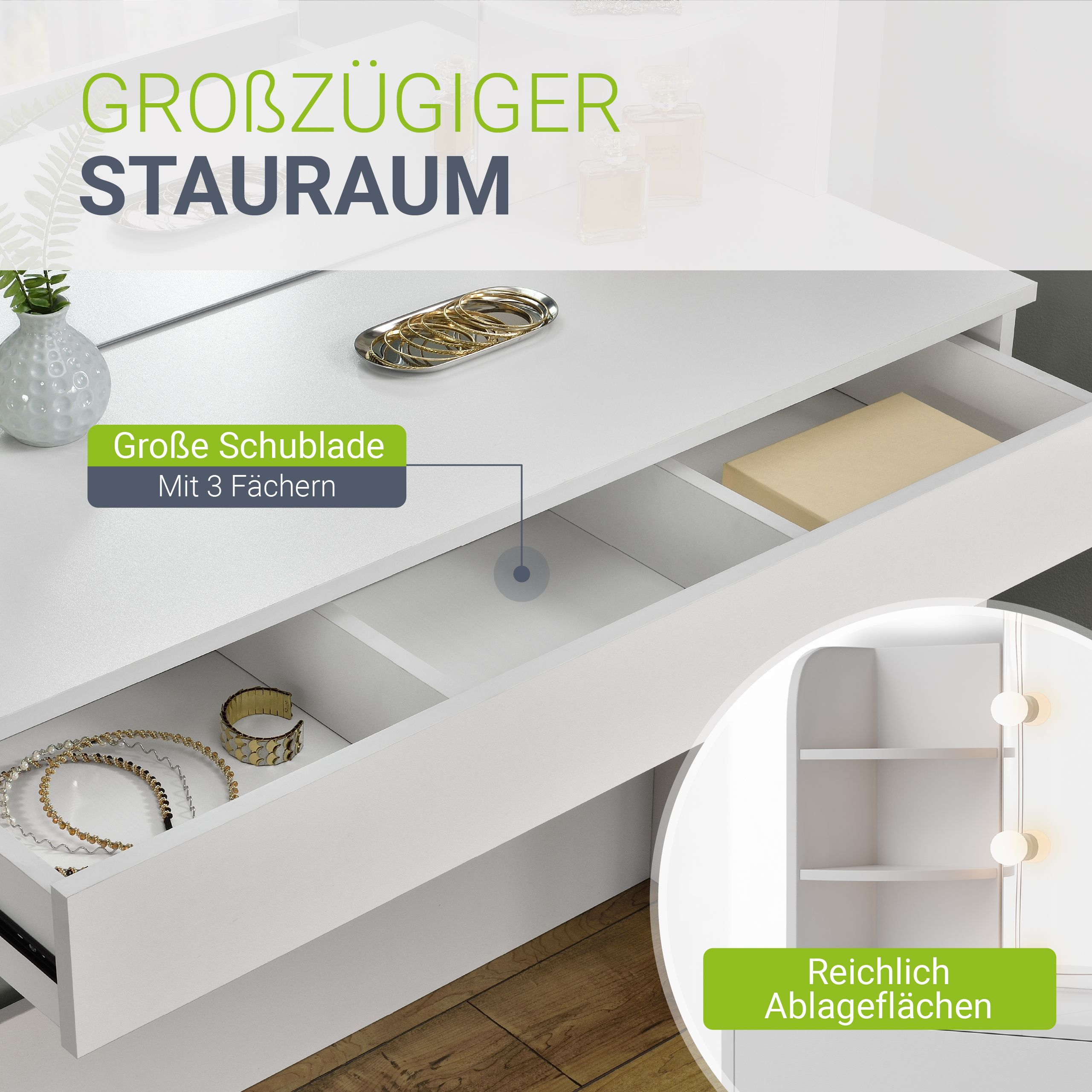 Juskys Schminktisch Bella mit LED & Hocker Melly - Spiegel, Schublade & Ablagefächer - Holz - Weiß