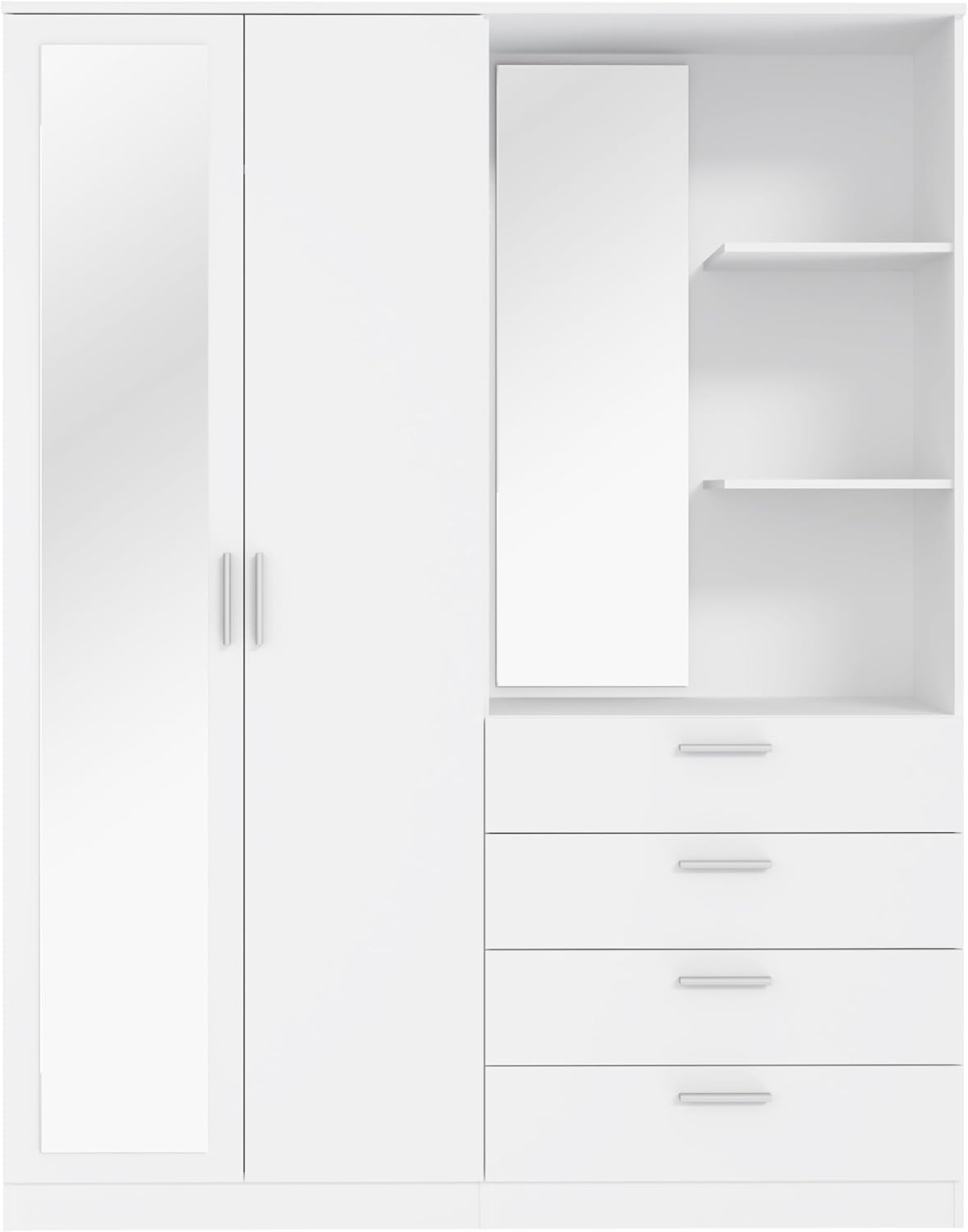 Forte DEWANIA Kleiderschrank 160, Schrank mit offenen Regalfächern und Spiegel, Holzwerkstoff, Weiß, 159,3 cm breit, 203,4 cm hoch, 52,7 cm tief