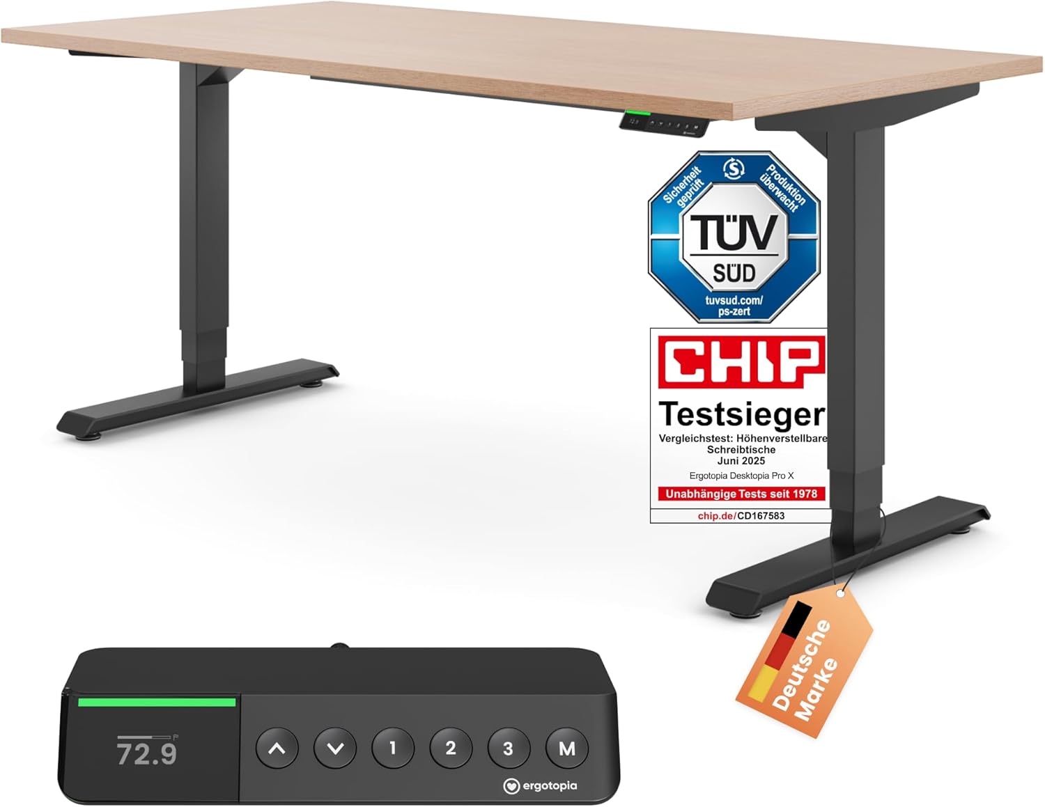 Ergotopia Desktopia Pro X Elektrisch höhenverstellbarer Schreibtisch, Ergonomischer Stehtisch für Büro oder Home Office (Buche, Gestell Schwarz, 180 x 80 cm)