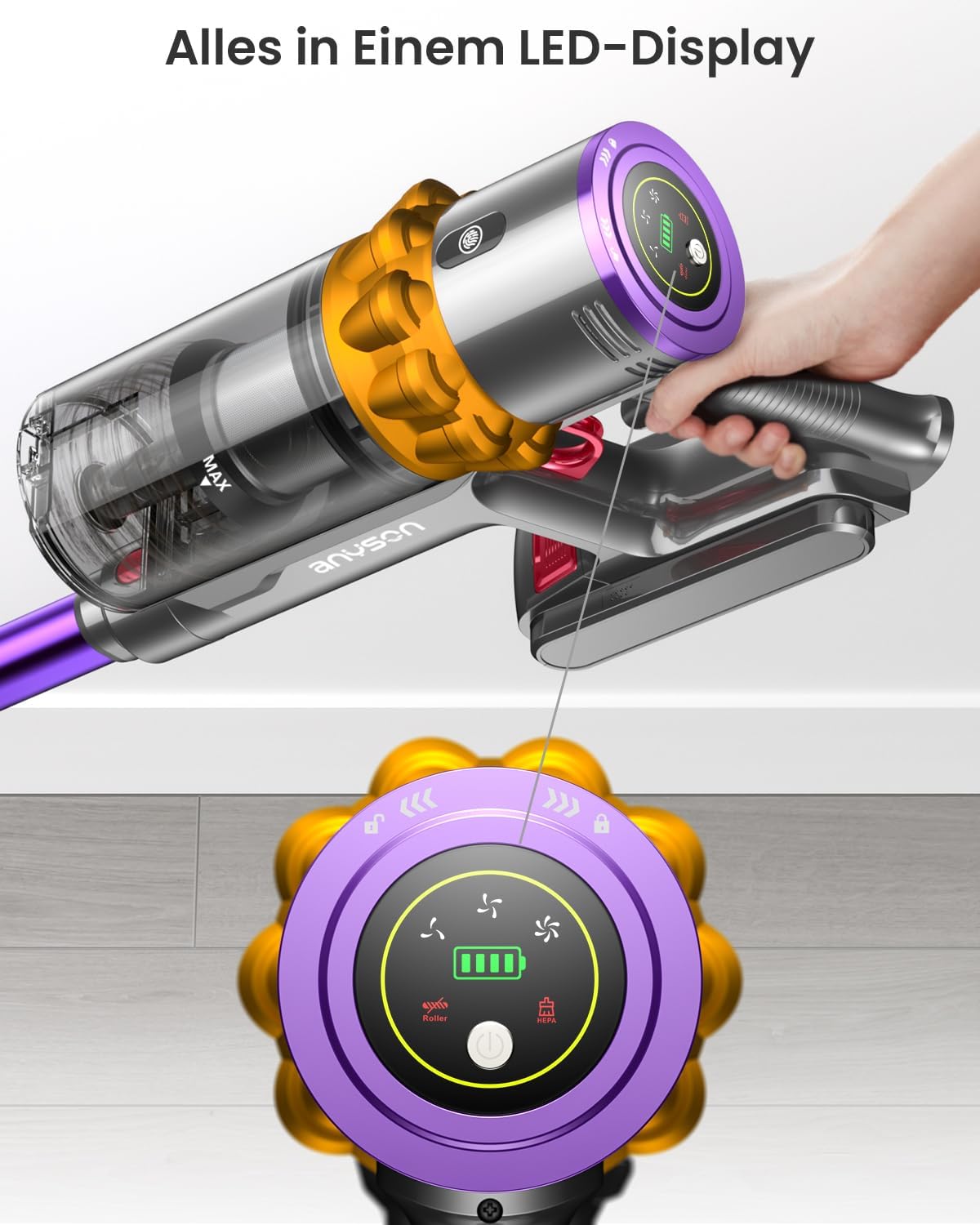 45000Pa/550W/70Min Staubsauger Kabellos, 1.6L Akku Staubsauger Super Leise, Akkustaubsauger Selbstladender mit LED Display/Anti-Tangle-Bürste, Stabstaubsauger für Hartböden Teppiche Tierhaare