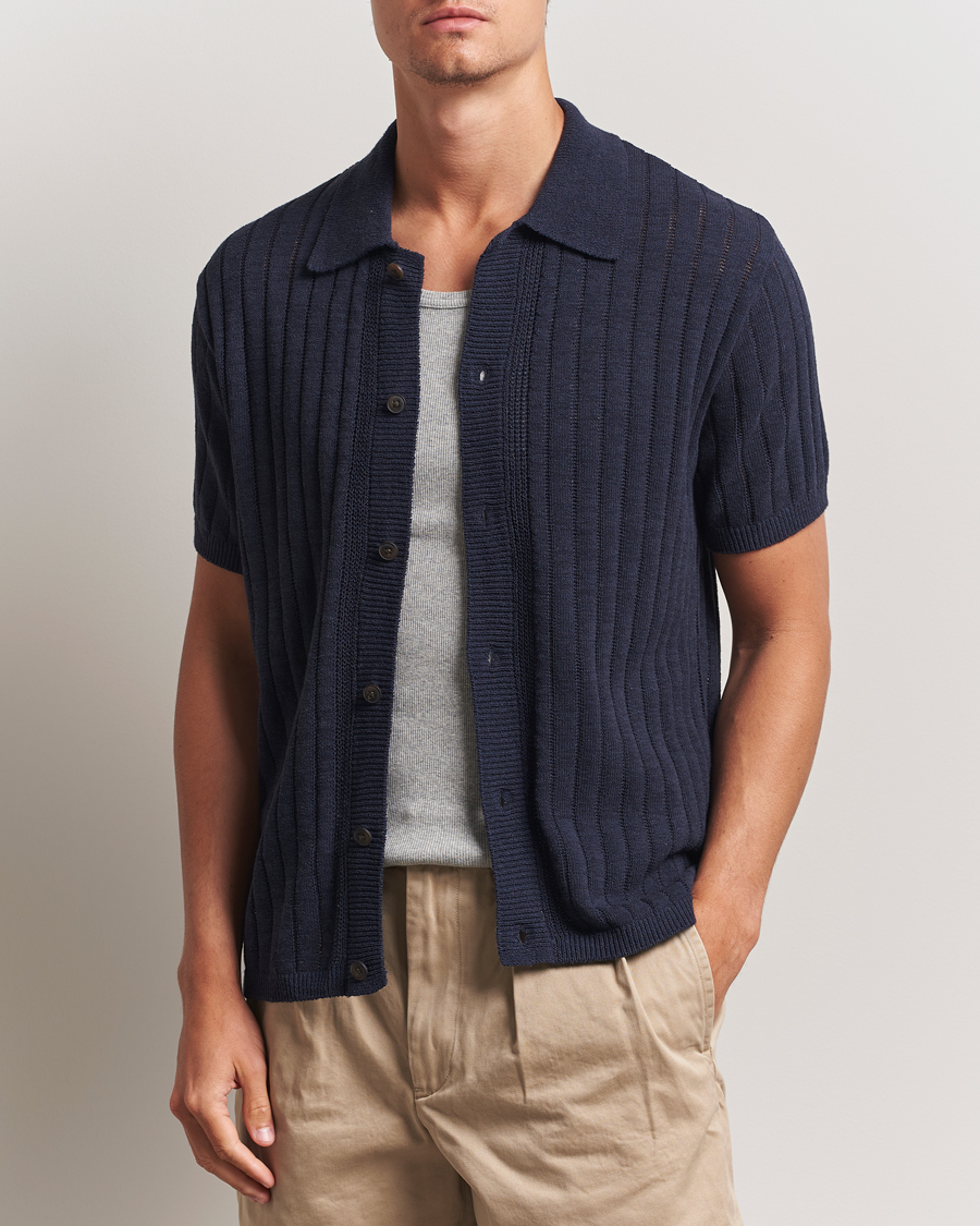 Les Deux Floyd Knitted Linen Short Sleeve Shirt Dark Navy