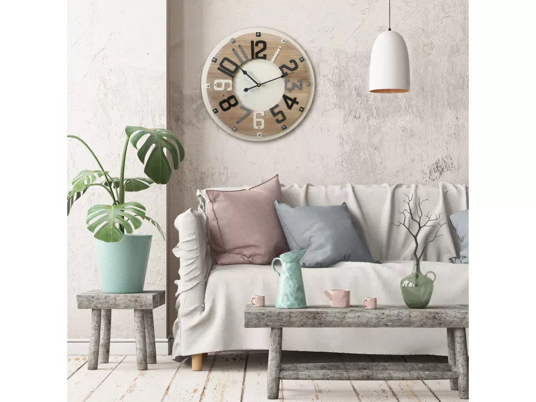 Horloge De Décor Chambre Ronde Bois Metal Beige Marron 50x50x4,5