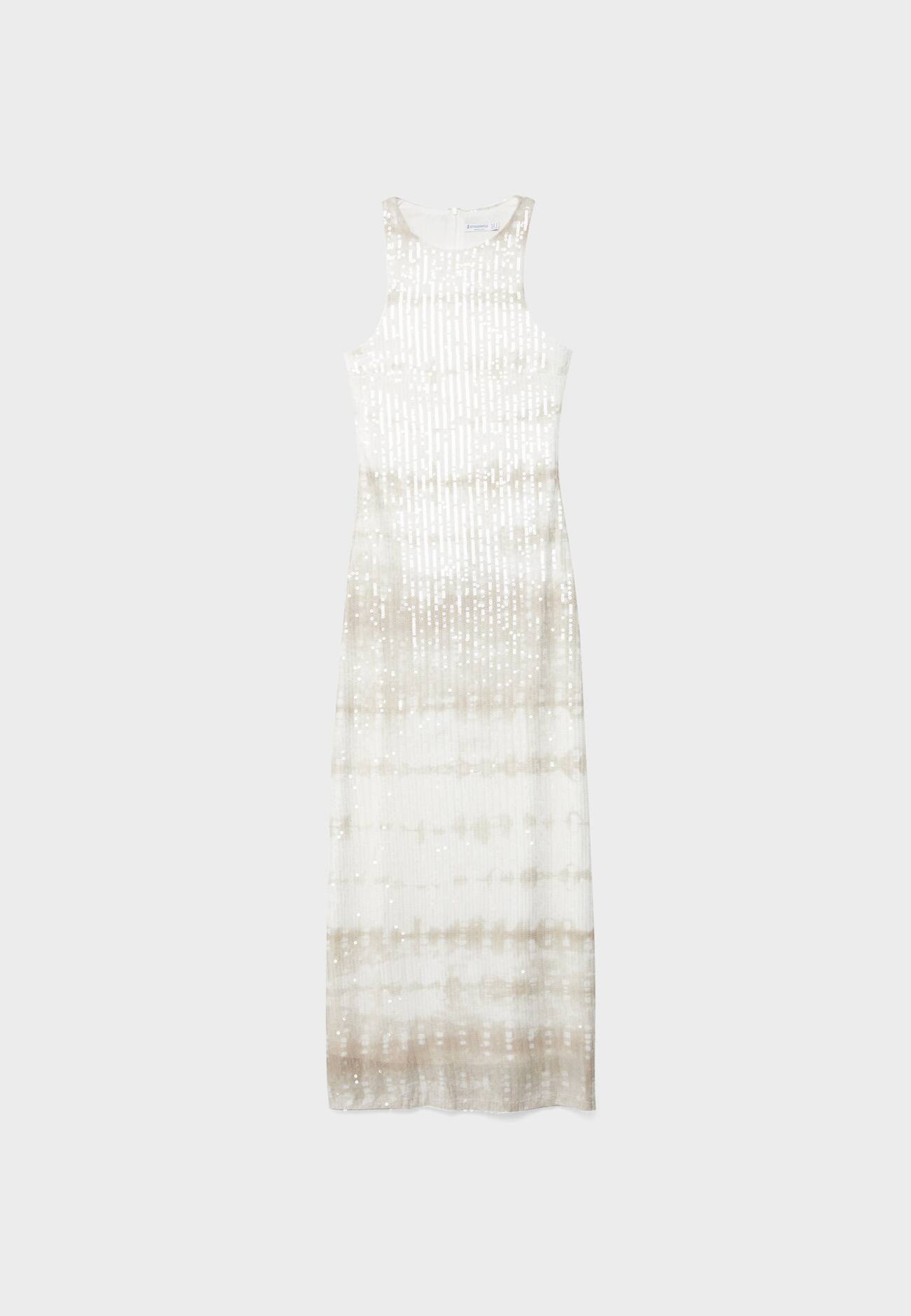 Vestido longo com decote halter e estampa de lantejoulas
