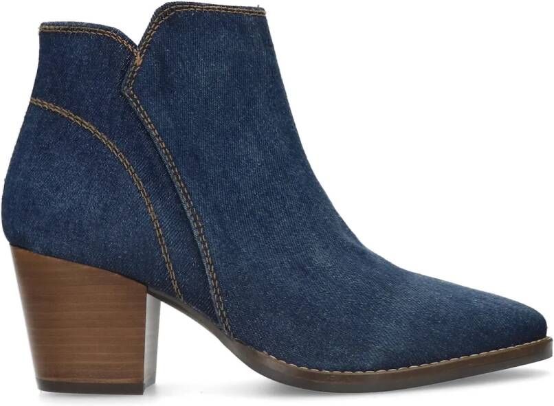 Manfield Dames Blauwe denim enkellaarsjes met hak