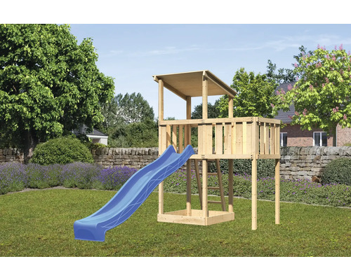 Speeltoren/speelhuis Karibu Anna, 107 x 107 cm, van hout, bestaande uit glijbaan en blauwe aanbouw.