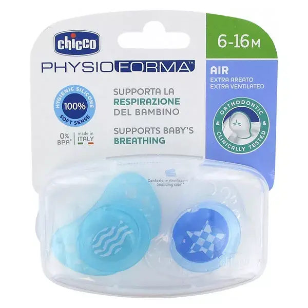 Chicco Physio Forma Air Silicone 6-16m Pacote com 2 + Caixa Esterilizadora Fish Apple