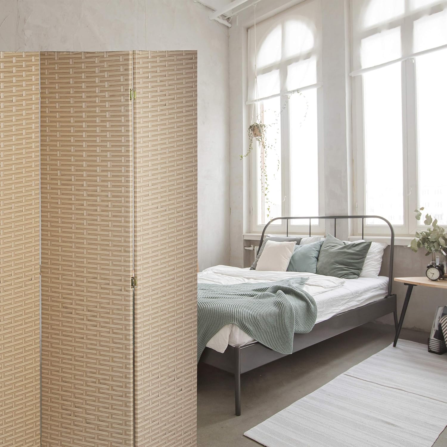 Relaxdays Paravent Raumteiler, 4-teilig, HxB: 180 x 180 cm, Faltbarer Raumtrenner, Sichtschutz, Kunststoff, weiß-grau UX8290923