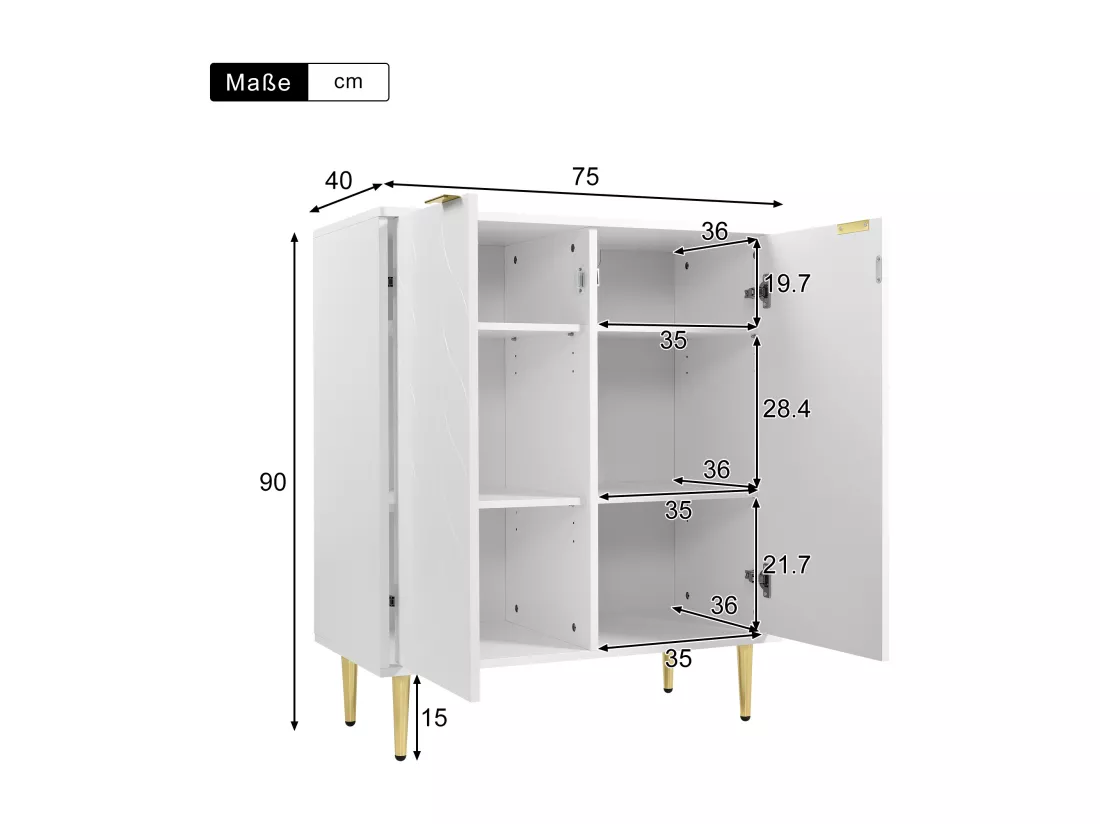 Buffet 2 portes, commode, design d'angle antichoc, 3 étagères, 6 compartiments, 75L*40P*90H, blanc