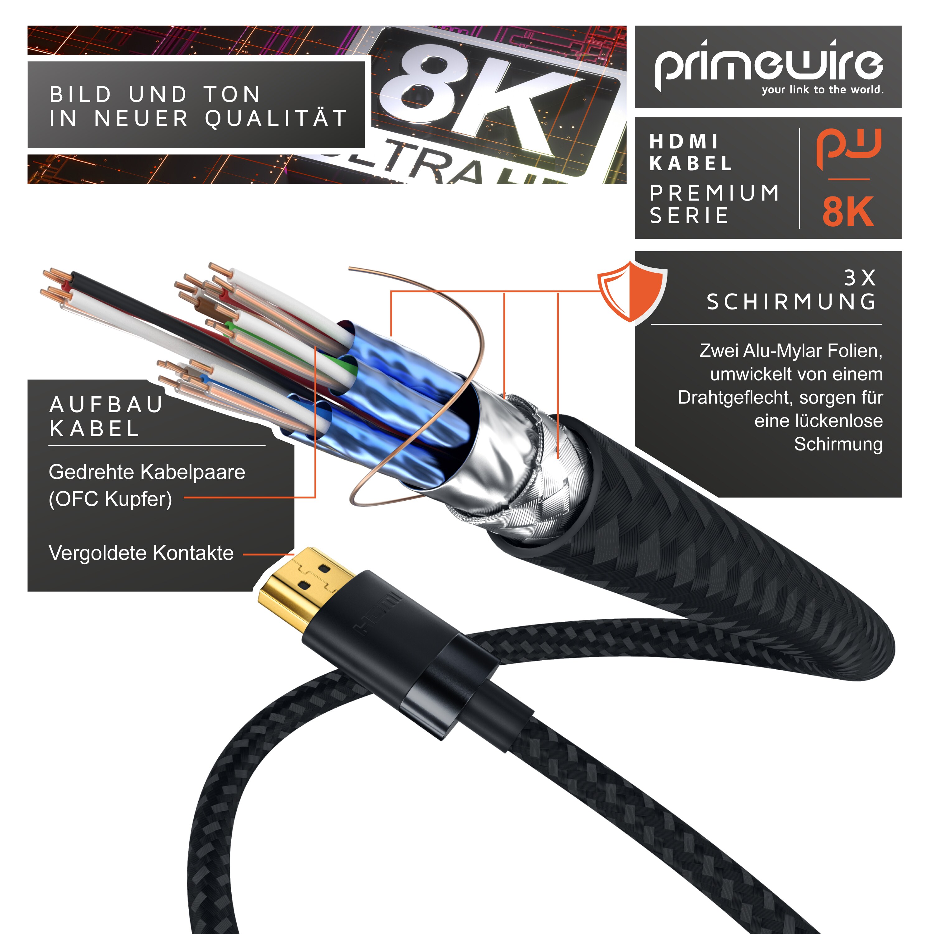 Primewire - 0,5m High Speed 8K HDMI Kabel mit Ethernet ARC 3D 4K Ultra HD 7680x4320 @ 120 Hz PS4 360 TV OLED PC Laptop Beamer Monitor - Schwarz