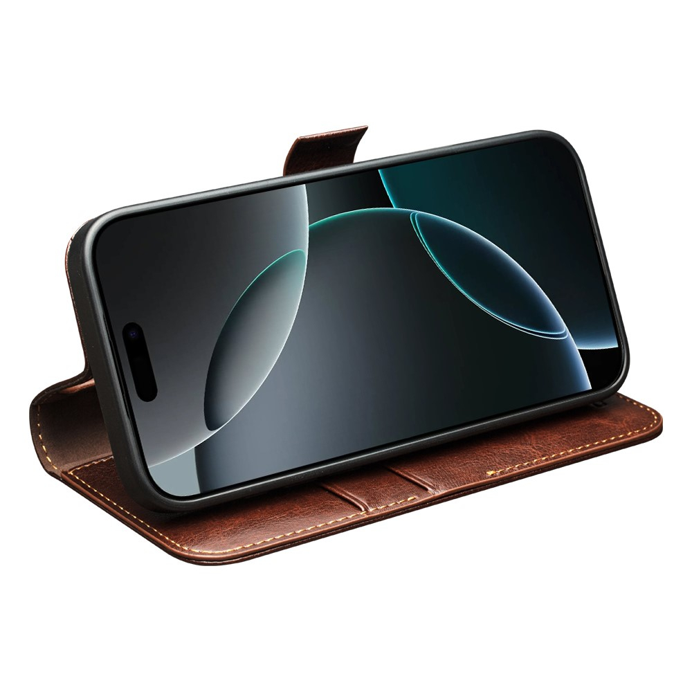 iPhone 17 Pro Echtleder Tasche Flip Cover mit Kartenfächer - Braun