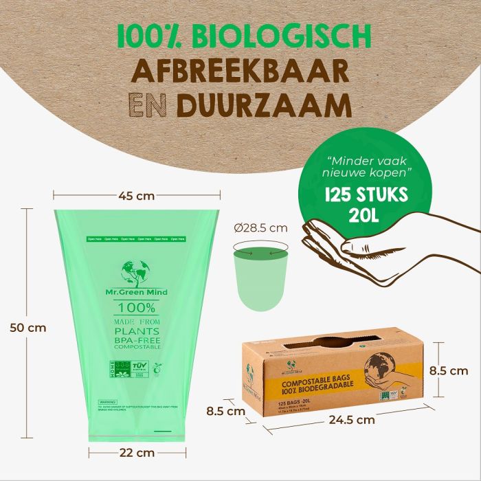 125st Afvalzak bio Mr. Green Mind 45x50cm 20 liter dispenser 125 stuks (8713631204090)